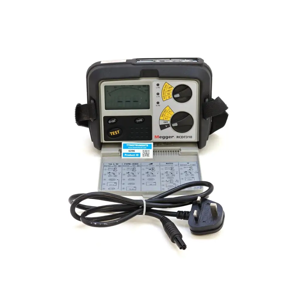 Megger RCDT310 RCD tester front view showing LCD display, rotary selector and colour-coded test type buttons