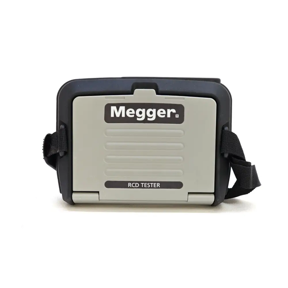 Megger RCDT310 RCD tester angled view showing rubber-armoured body, built-in display cover and L-N-E LED indicators