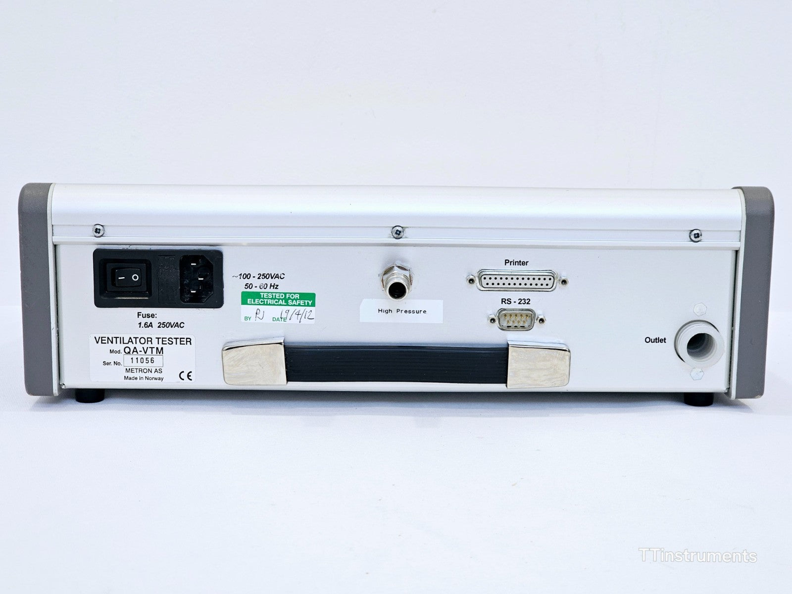 Metron QA-VTM rear panel showing IEC power inlet, RS-232, printer port, high pressure port, outlet, serial no. 11056