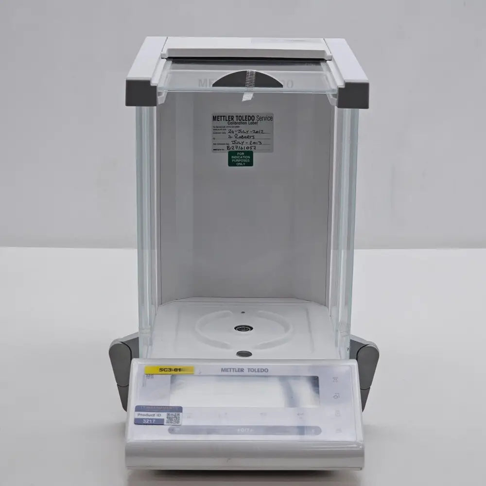 Mettler Toledo MS105DU balance with ErgoDoor draft shield open showing weighing pan
