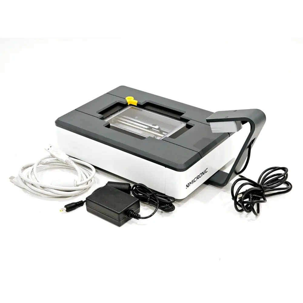Micronic DR505 Rack Reader angled view with USB cable, power supply adapter, and side barcode reader arm