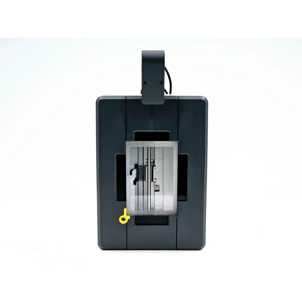 Micronic DR505 Rack Reader side profile showing CIS scanner plate, yellow locking knob, and barcode reader head