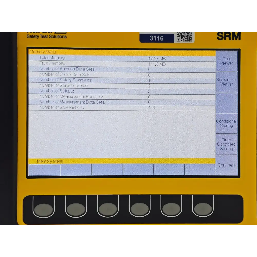 Narda SRM-3006 unit powered on showing startup screen and firmware version