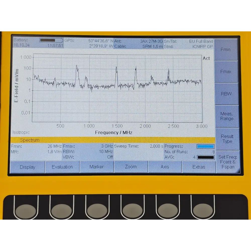 Narda SRM-3006 radiation meter carry case open showing meter, probe and accessories