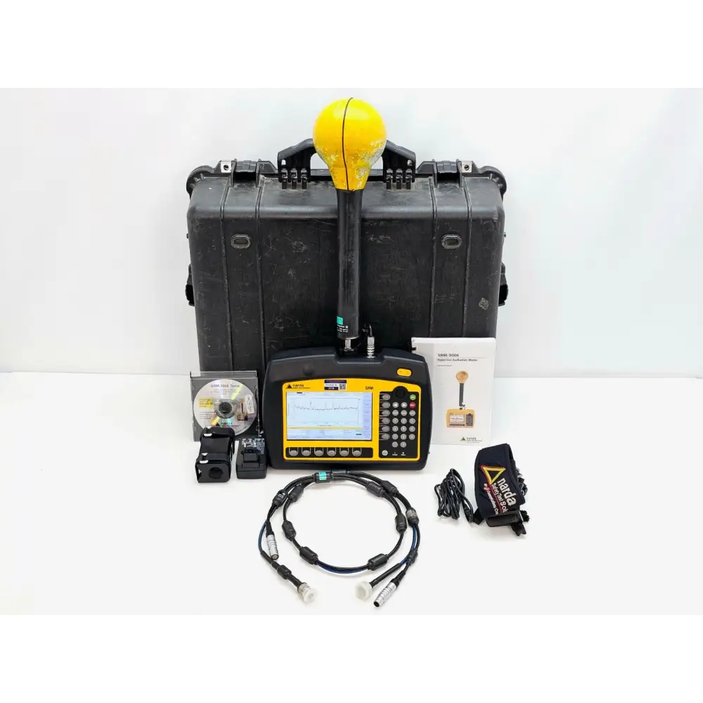 Narda SRM-3006 selective radiation meter with 3501/03 triaxial E-field probe attached, front view