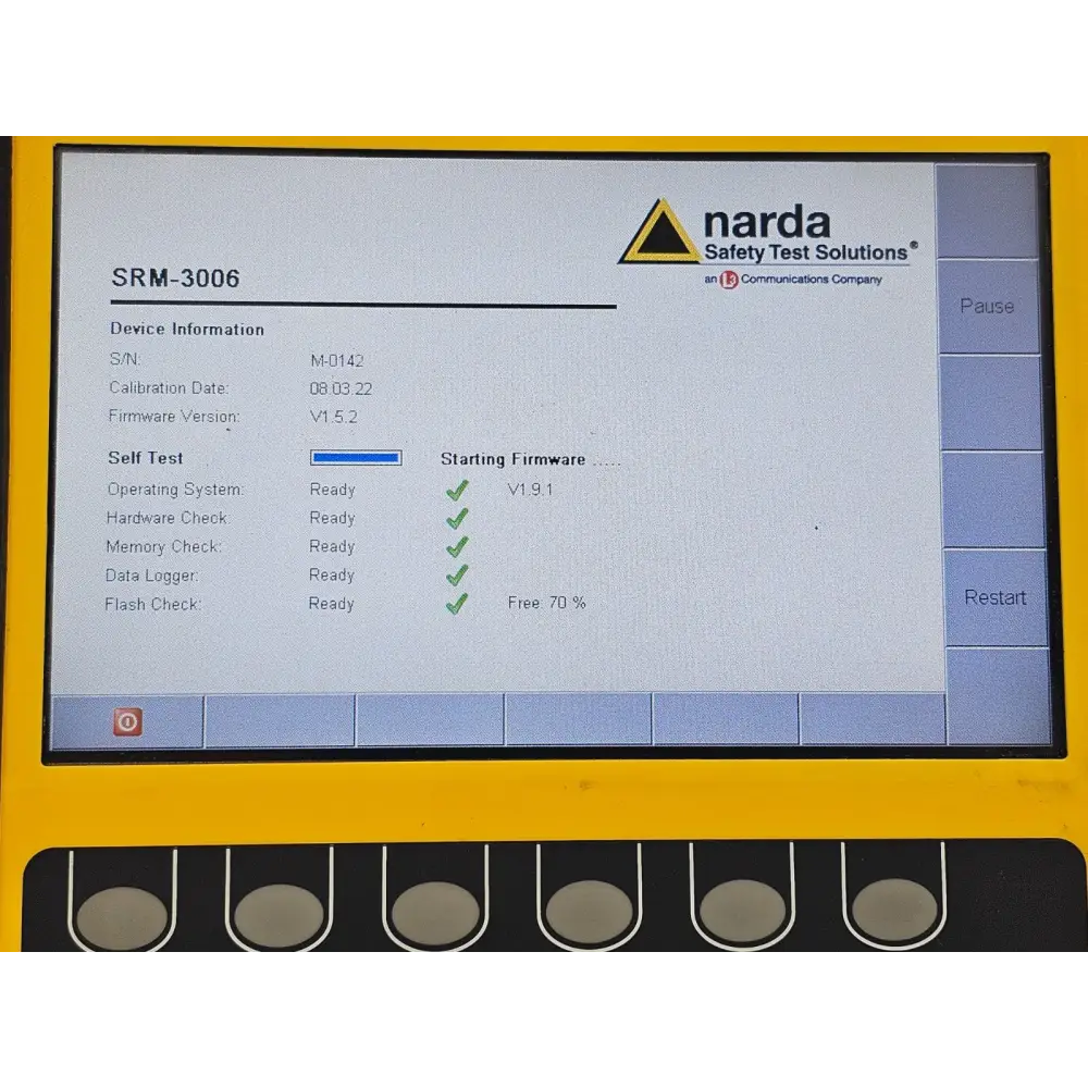 Narda SRM-3006 and 3501/03 probe 27 MHz–3 GHz angled three-quarter view showing full system