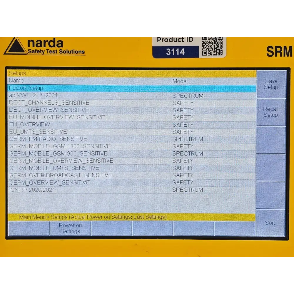 Narda SRM-3006 carry case open showing foam-lined interior with meter and 3501/03 probe secured