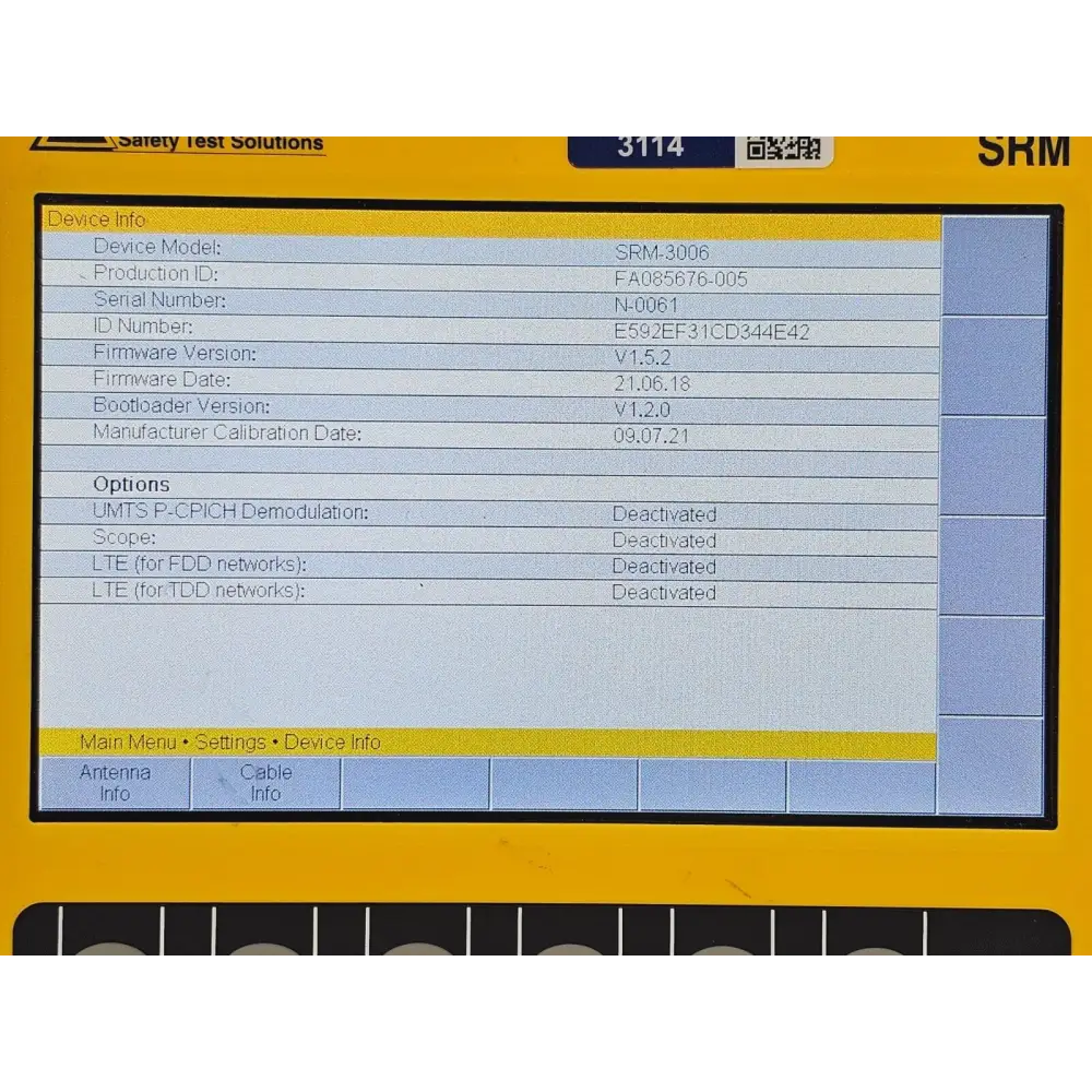 Narda SRM-3006 display showing Safety Evaluation measurement results in V/m and percent of ICNIRP limit