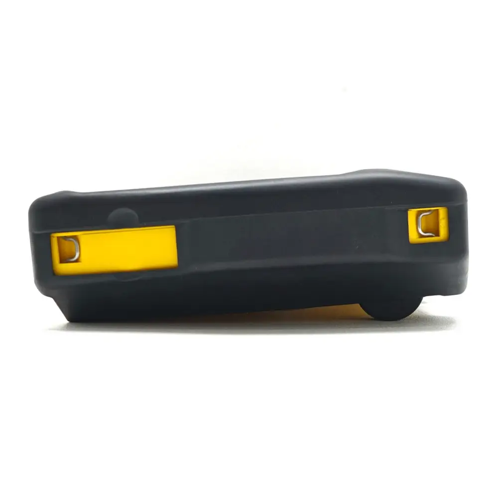 Narda SRM-3006 bottom edge view showing strap lugs and antenna connector recess on yellow and black body