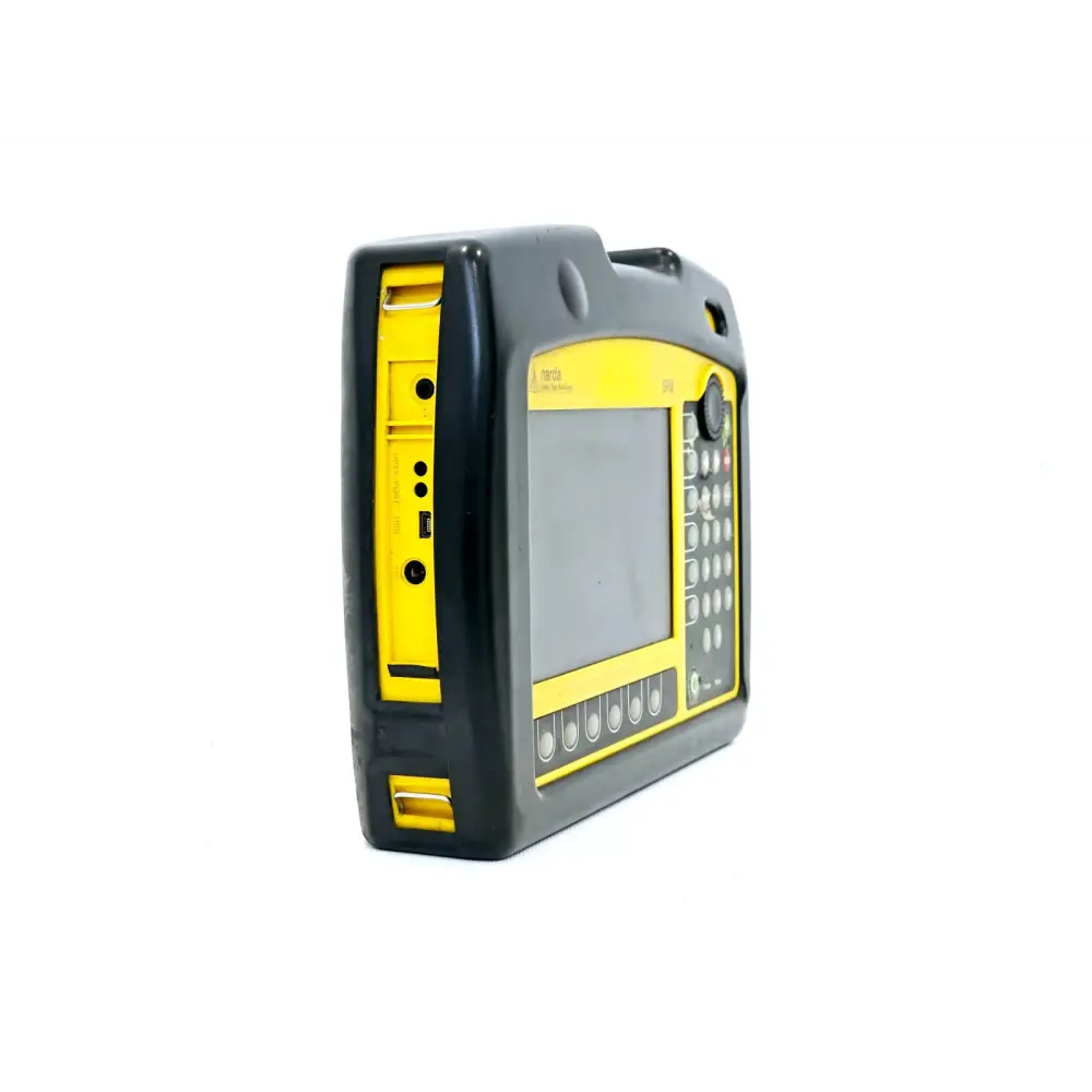 Narda SRM-3006 left-side view showing audio jack, optic port, and USB connector on yellow panel