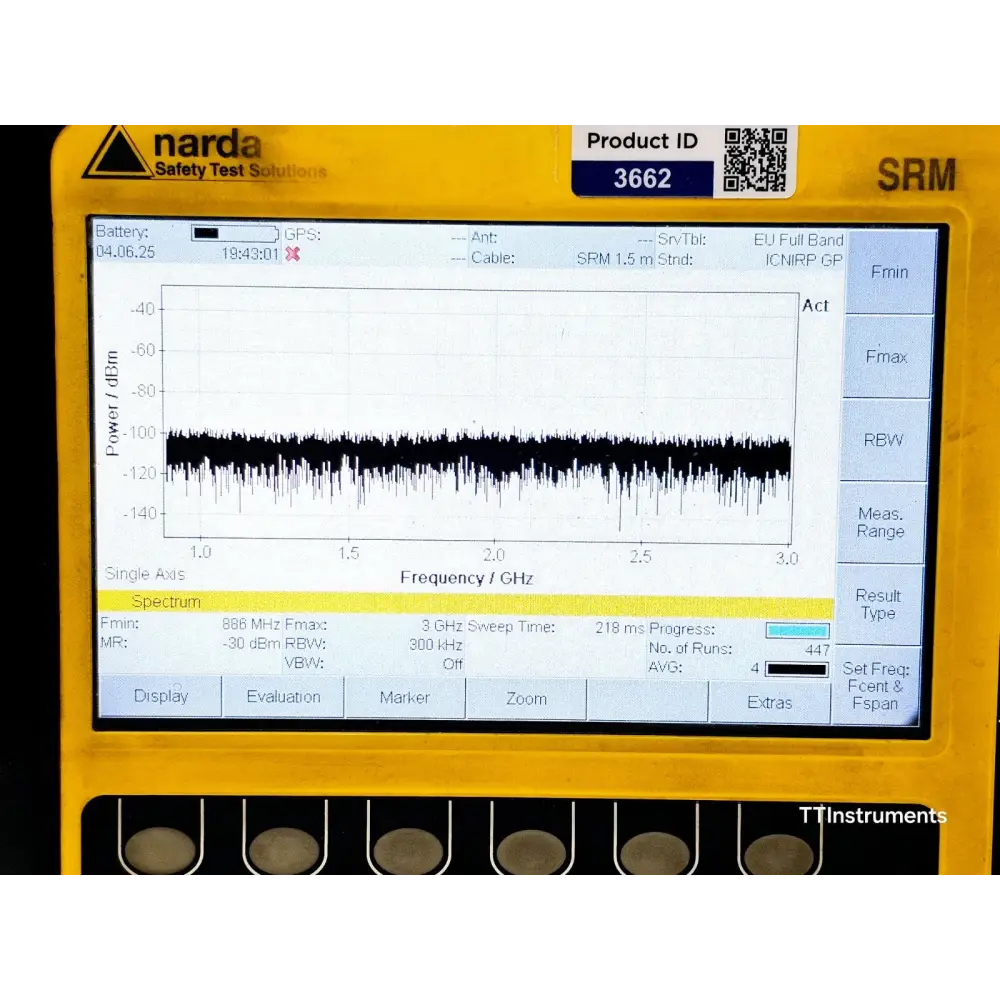 Narda SRM-3006 system information screen displaying device configuration details
