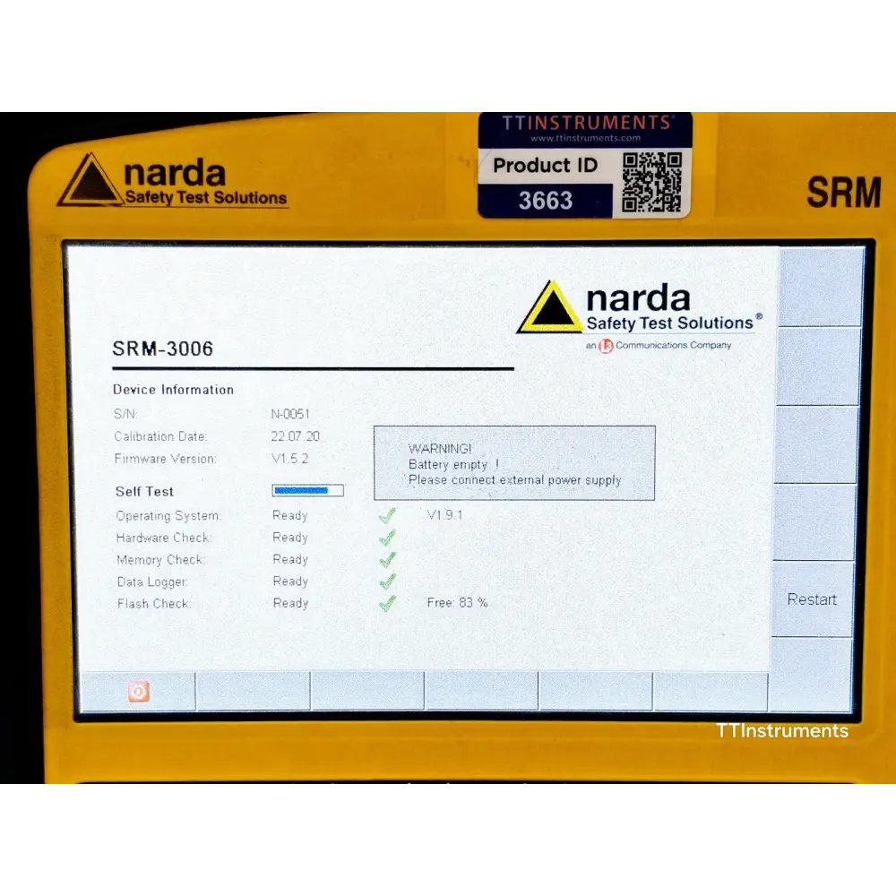 Narda SRM-3006 carry case open showing foam-lined interior with mainframe