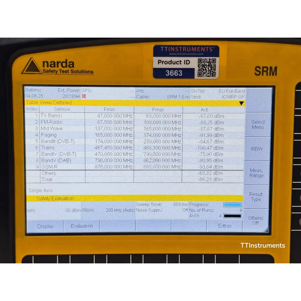 Narda SRM-3006 mainframe angled three-quarter view showing full instrument body