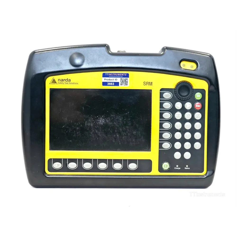 Narda SRM-3006 front panel close-up showing screen, softkeys and rotary control