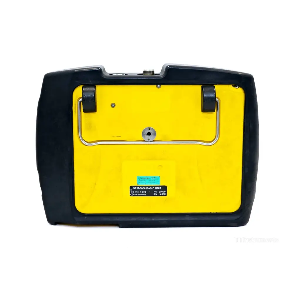 Narda SRM-3006 rear view showing battery compartment and product labelling