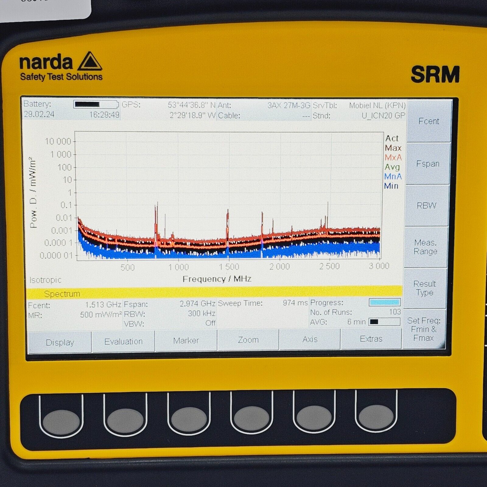 Narda SRM-3006 selective radiation meter angled three-quarter view showing form factor