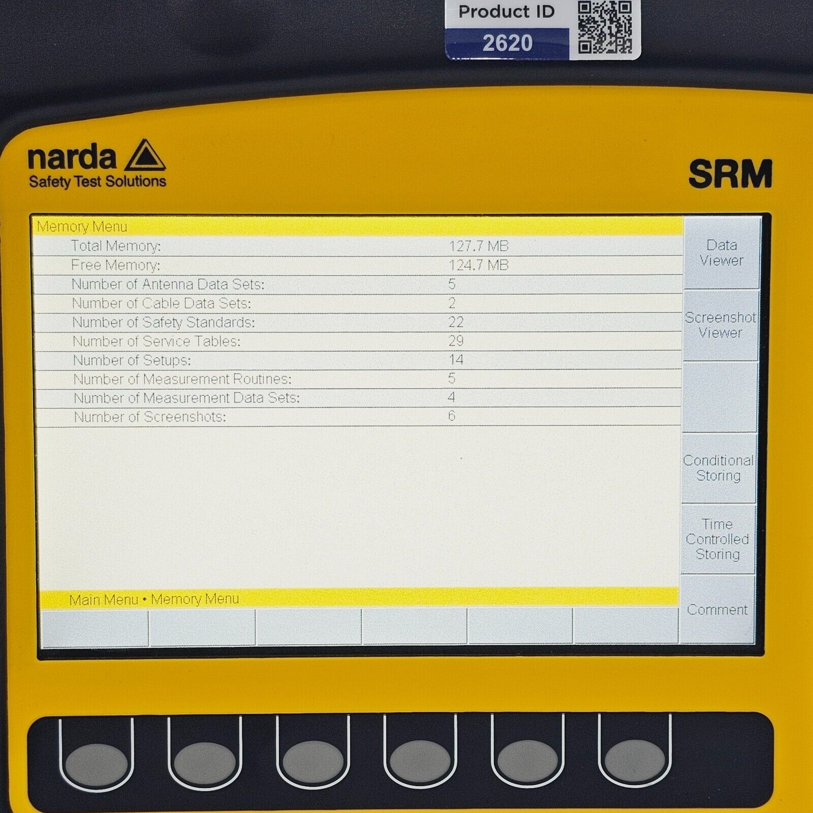 Narda SRM-3006 antenna connector detail showing multi-pin EEPROM calibration interface