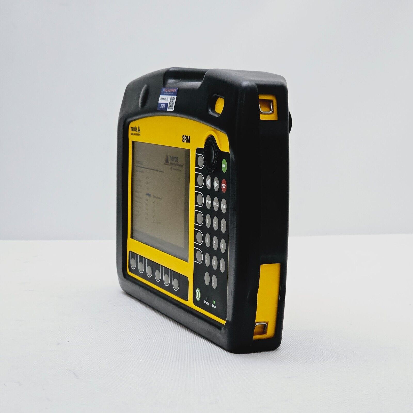 Narda SRM-3006 platform unit rear view showing label with serial number and model details