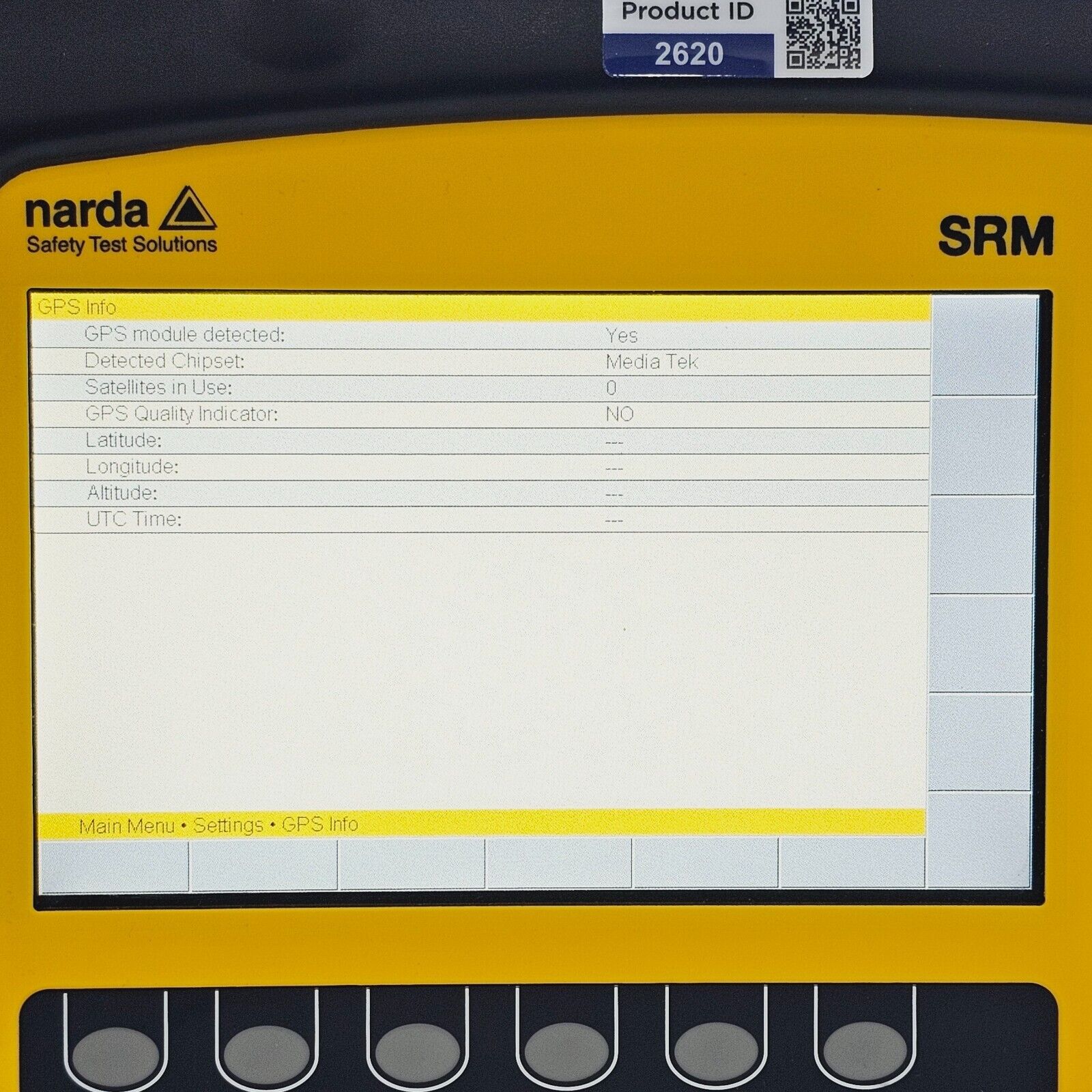 Narda SRM-3006 battery compartment open showing rechargeable battery pack
