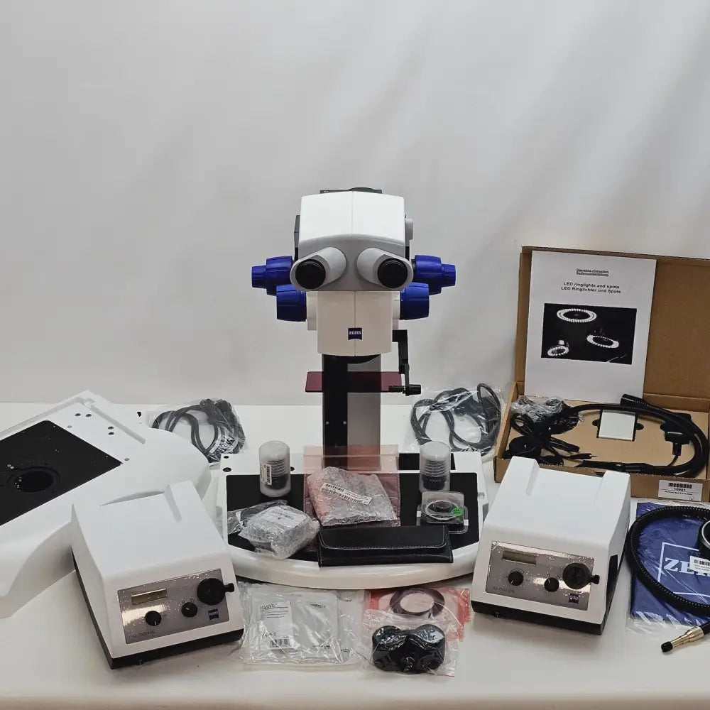 Carl Zeiss SteREO Discovery V8 stereo microscope full system assembled with stand and dual CL 1500 HAL cold light sources