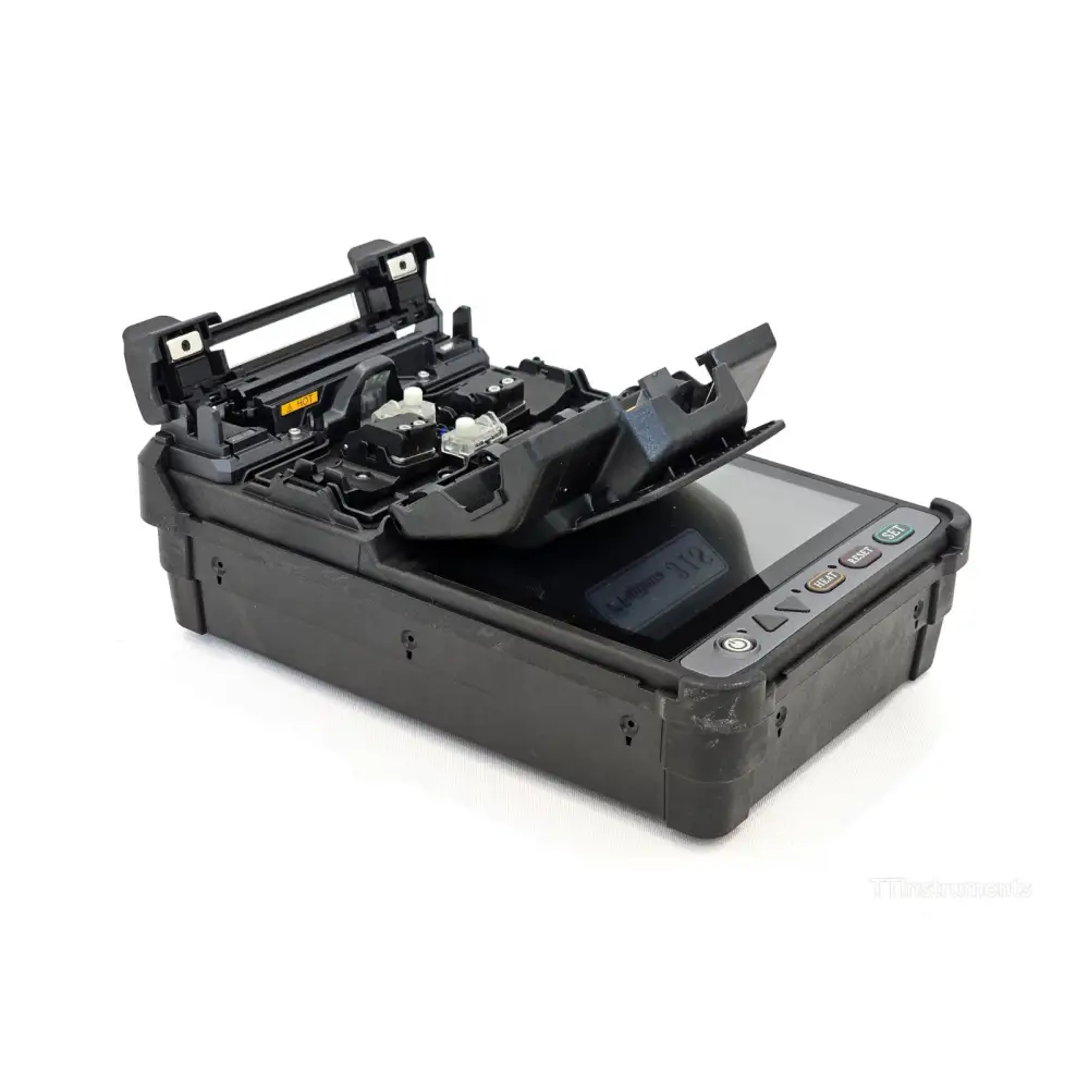 Fujikura 31S fusion splicer with wind protector open revealing V-groove fibre alignment area