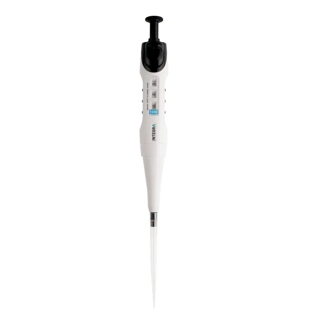 INTEGRA EVOLVE 3018 single-channel manual pipette 100-1000µl front view showing three Quick Set Dials