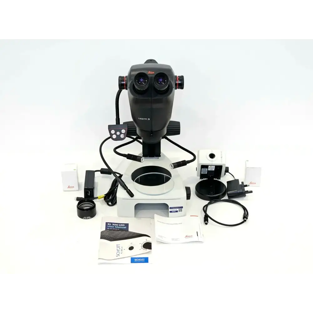 Leica Ivesta 3 Greenough stereo microscope complete system front view with stand and binocular head