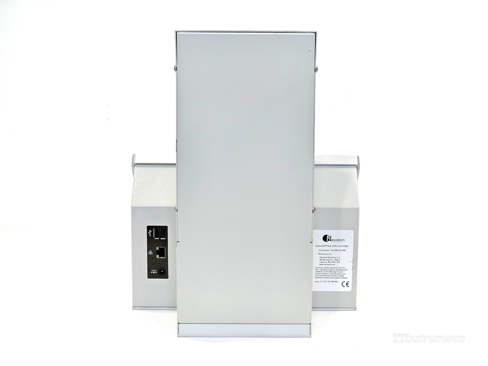 Nexcelom Cellometer Auto 2000 rear view showing USB ports, Ethernet port, and 12V DC power input connector