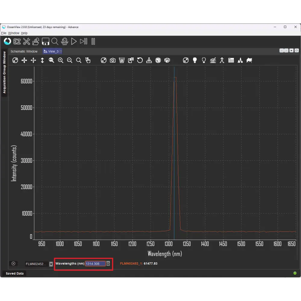 OceanView software screenshot showing 1310 nm laser peak captured with the Flame-NIR NIR128B spectrometer