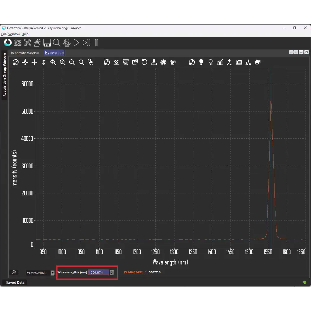OceanView software screenshot showing 1550 nm laser peak captured with the Flame-NIR NIR128B spectrometer
