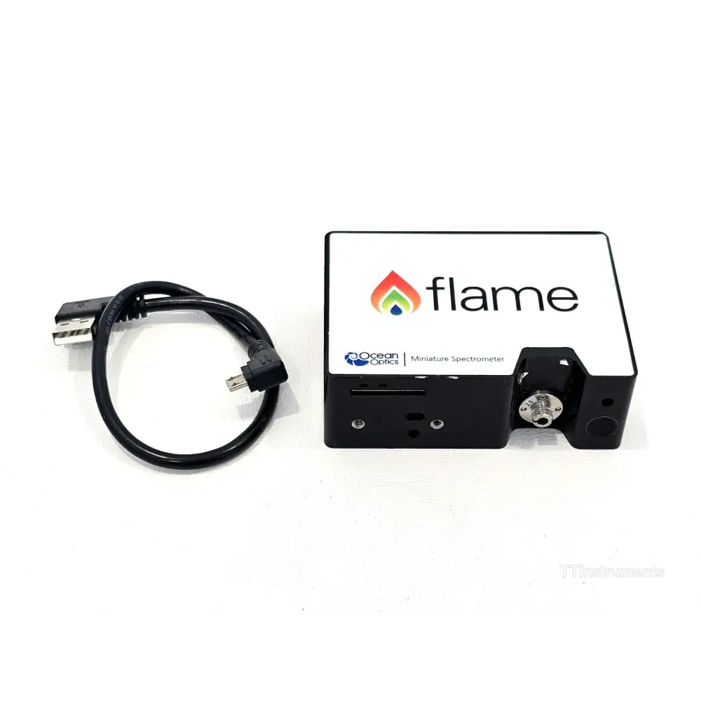 Ocean Optics Flame-S-VIS-NIR miniature fibre-optic spectrometer, front view showing SMA 905 input port