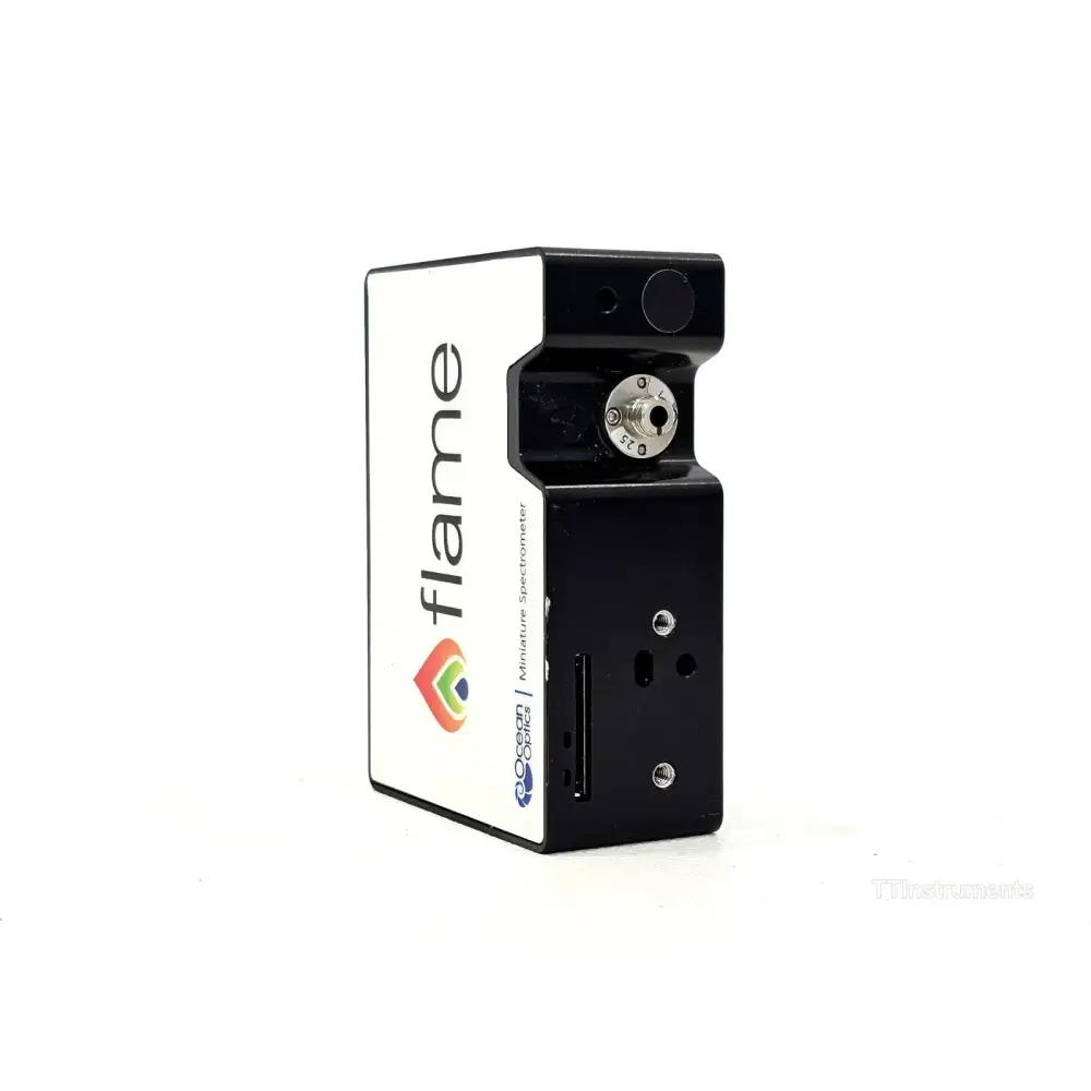 Ocean Optics Flame-S-VIS-NIR spectrometer, angled top view showing compact rectangular housing and LED indicators
