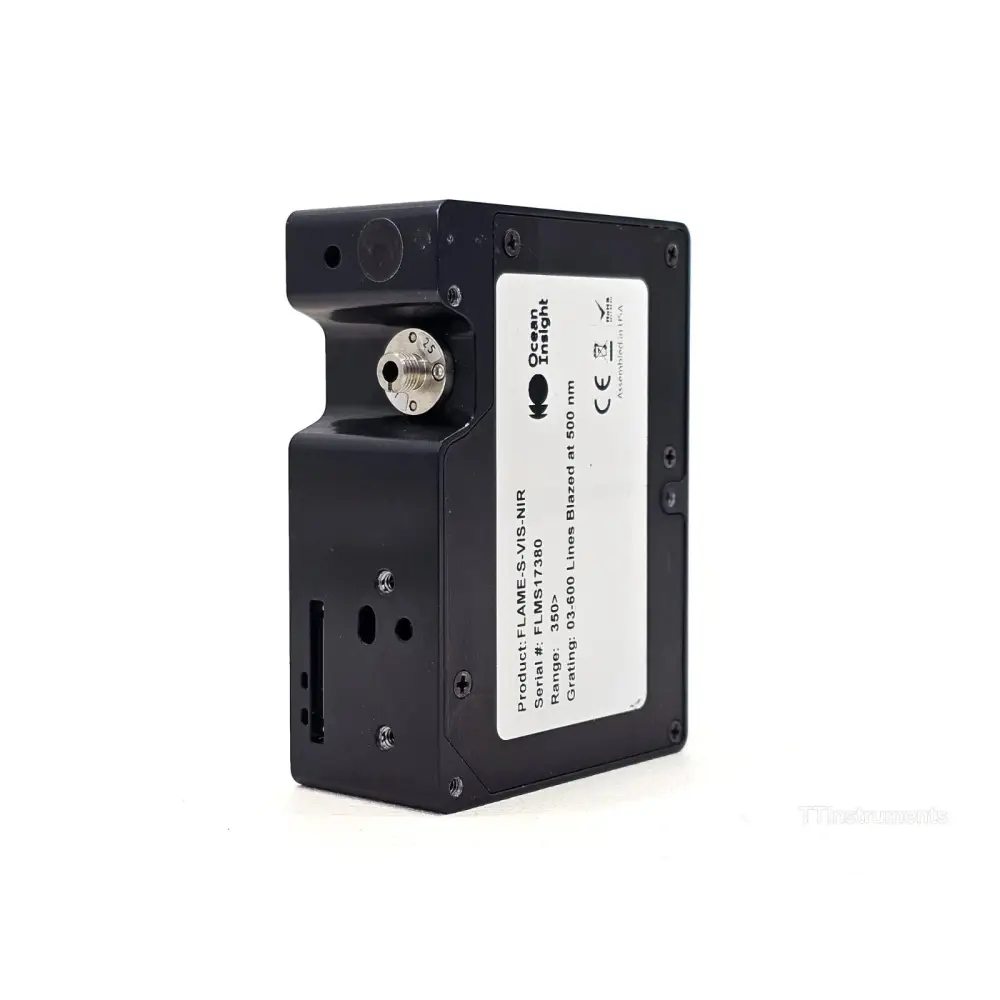 Ocean Optics Flame-S-VIS-NIR spectrometer side profile view showing USB and RS-232 connectivity ports