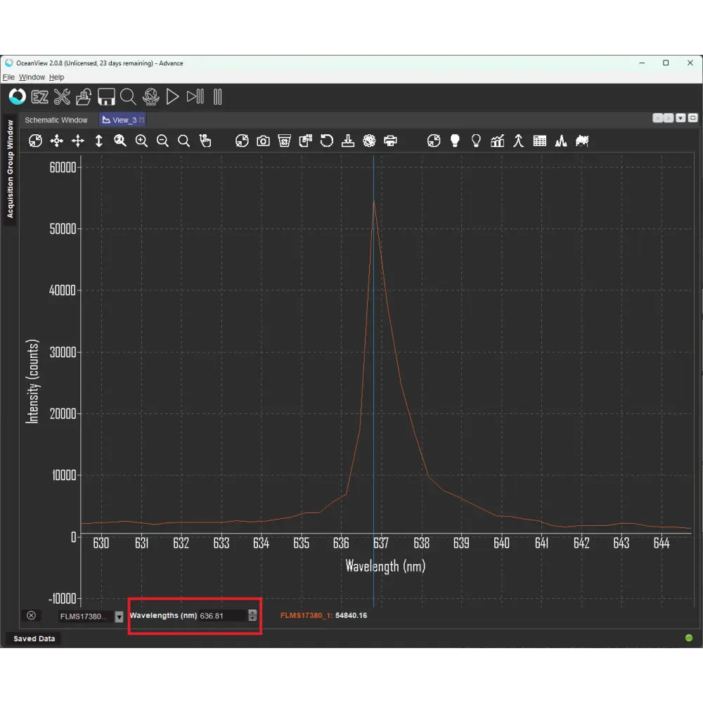 Spectral acquisition plot showing confirmed 635 nm laser peak output from Ocean Optics Flame-S-VIS-NIR