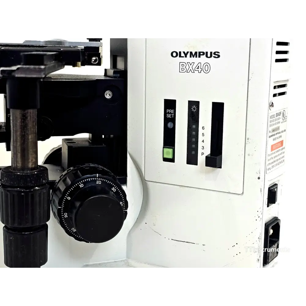 Olympus BX40F coaxial coarse and fine focus knobs on Y-shaped microscope stand