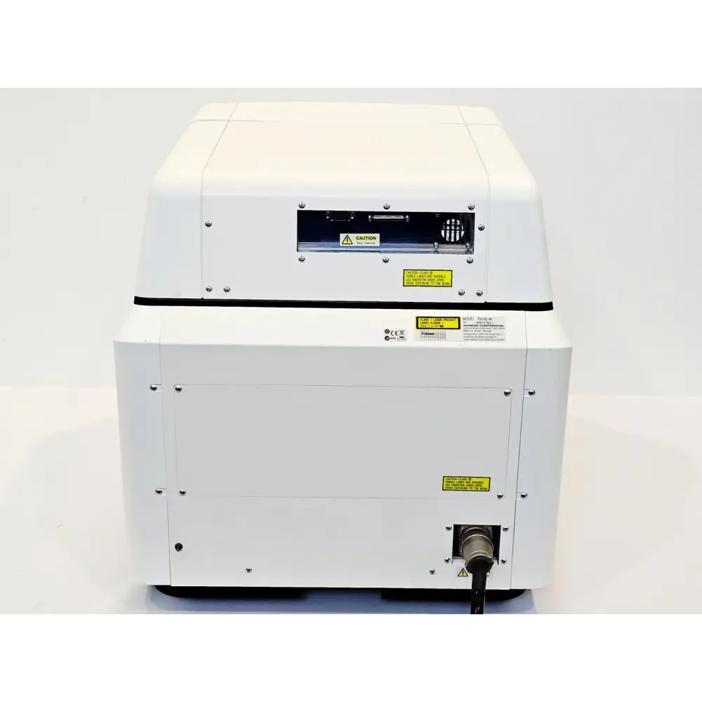 Olympus FV10i confocal microscope rear panel with laser caution labels, model label FV10C-W, and power cable
