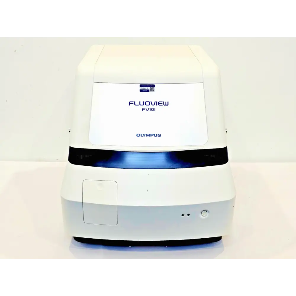 Olympus FLUOVIEW FV10i confocal laser scanning microscope front panel close-up with product ID label