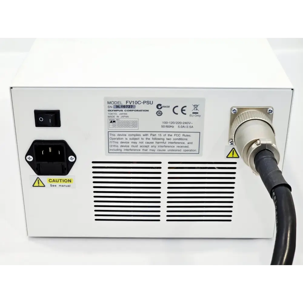 Olympus FV10C-PSU power supply unit rear panel showing model label SN 9L16737, IEC inlet, and power connector