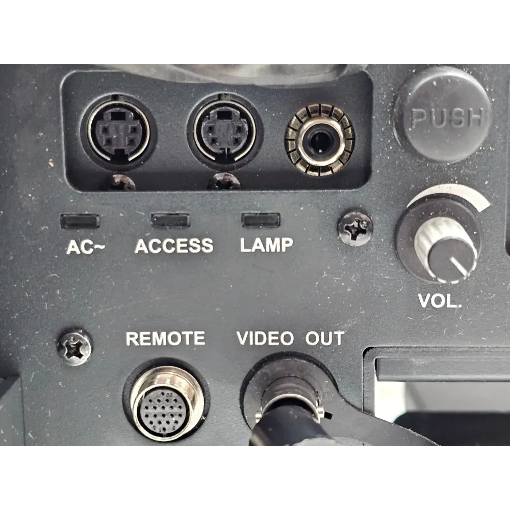 Olympus IV7000-2 CCU connector panel close-up: S-Video, Remote, Video Out, AC, Access, Lamp indicators and VOL knob