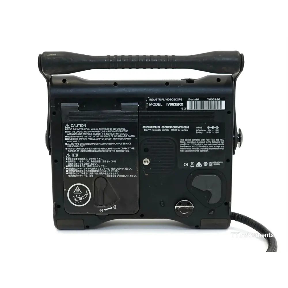 Olympus IV9635RX iPlex RX rear panel showing model label, serial number Y603140, battery compartment and ports