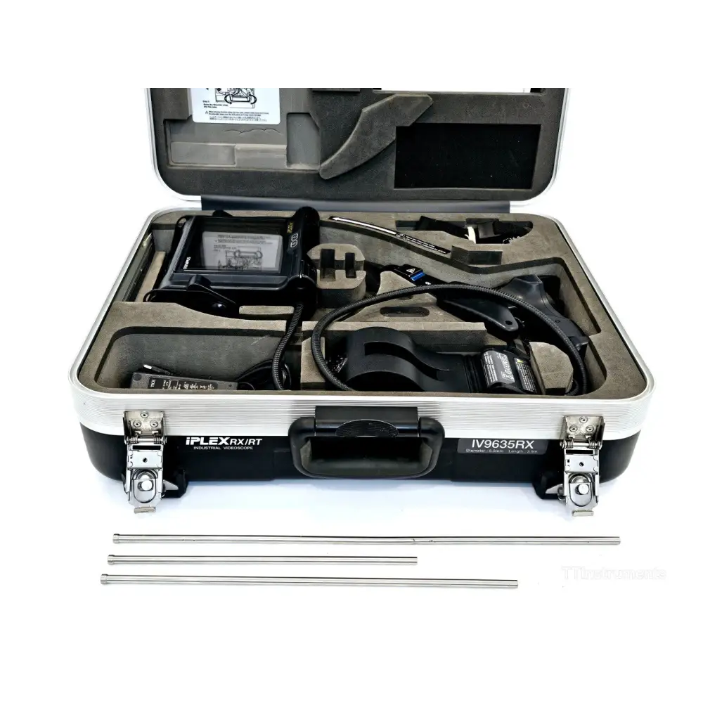 Olympus IV9635RX iPlex RX/RT carry case open with extension rods laid alongside, model label IV9635RX visible