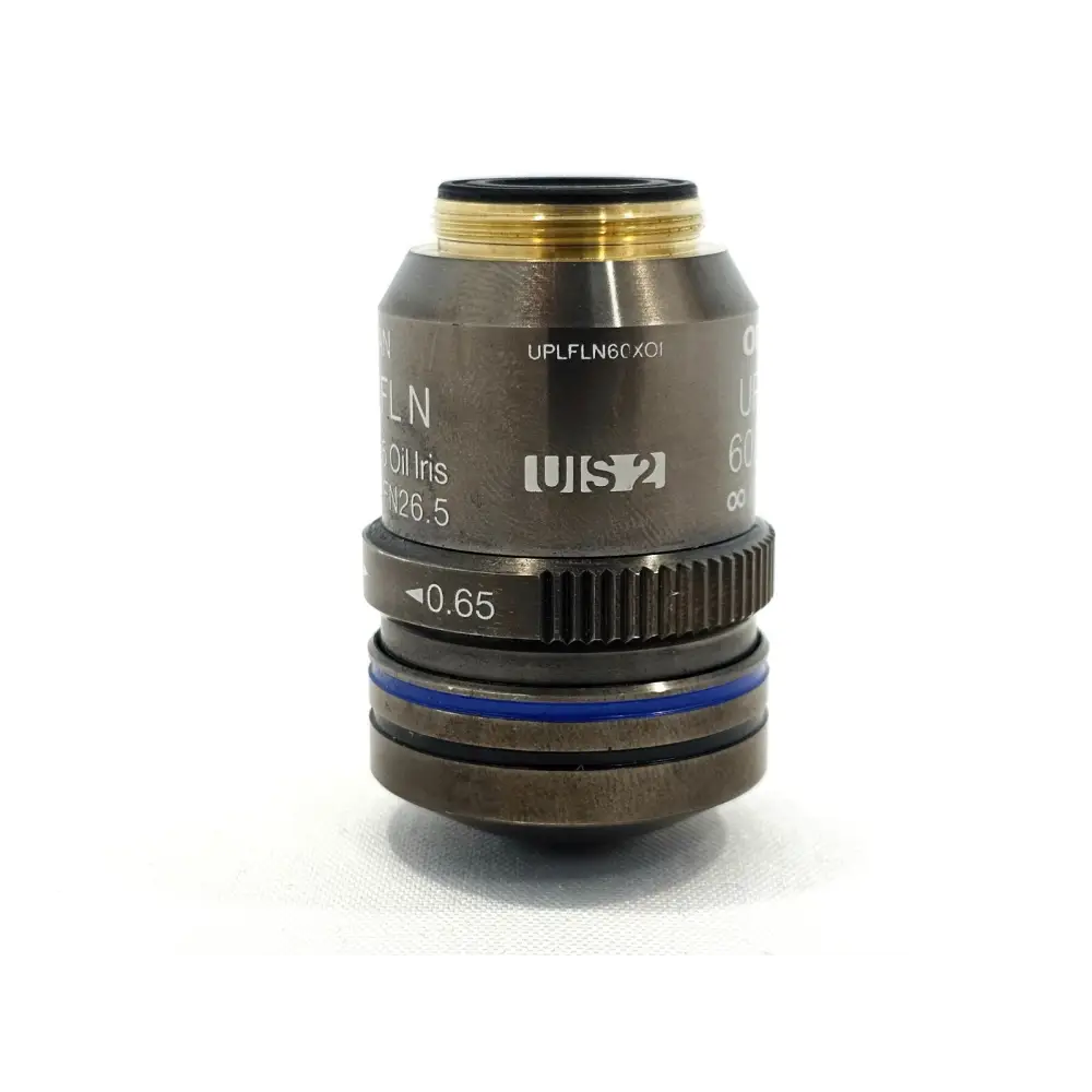 Olympus UPLFLN60XOI 60x oil immersion objective showing iris diaphragm ring and lens markings