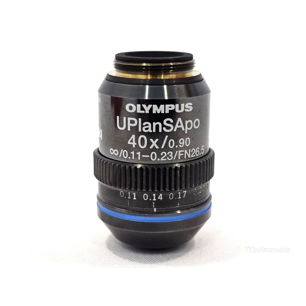 Olympus UPlanSApo UPLSAPO40X 40x/0.90 objective lens front view showing engraved specifications and blue correction collar ring