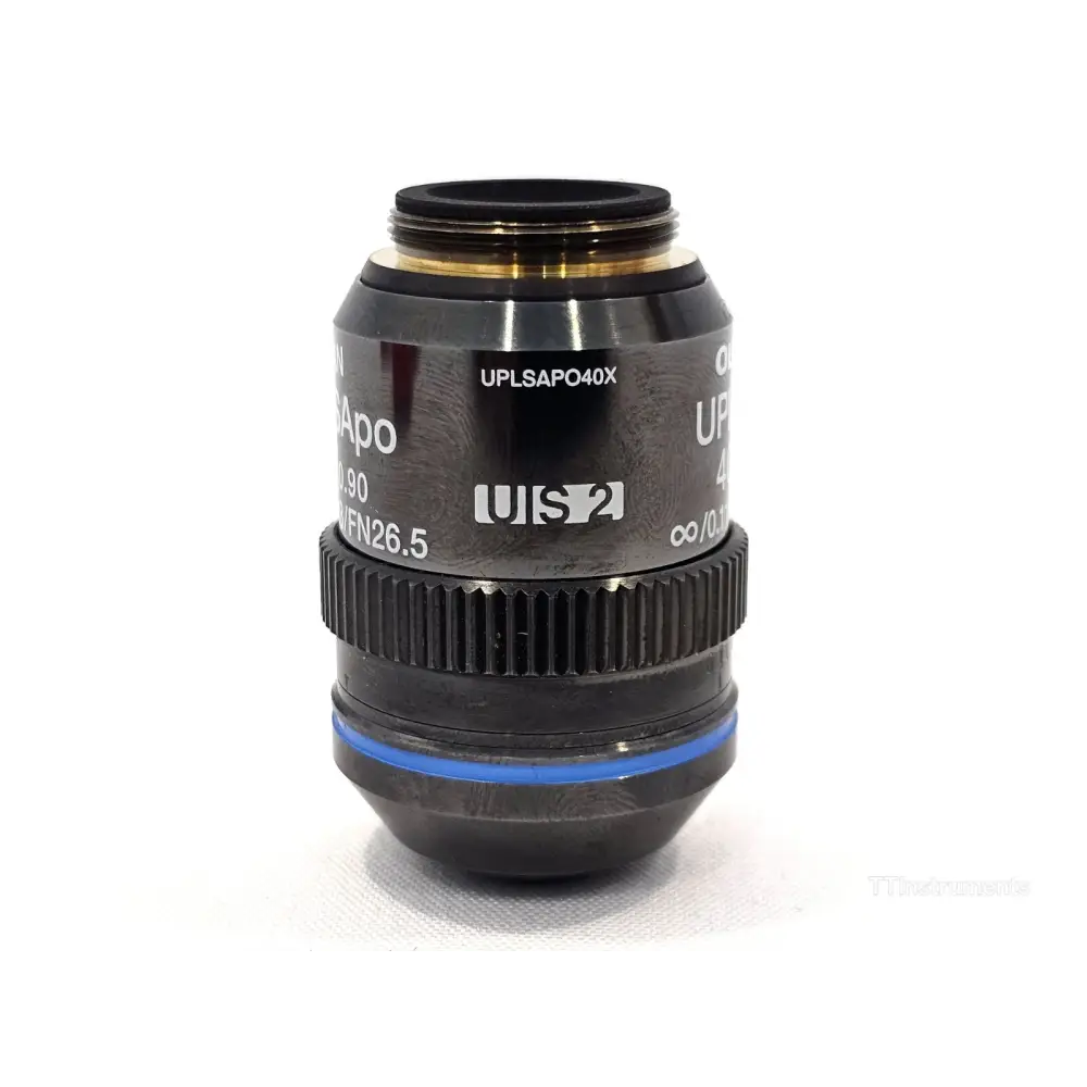 Olympus UPLSAPO40X 40x objective rear-side view showing UIS2 designation, part label UPLSAPO40X, and correction collar scale markings