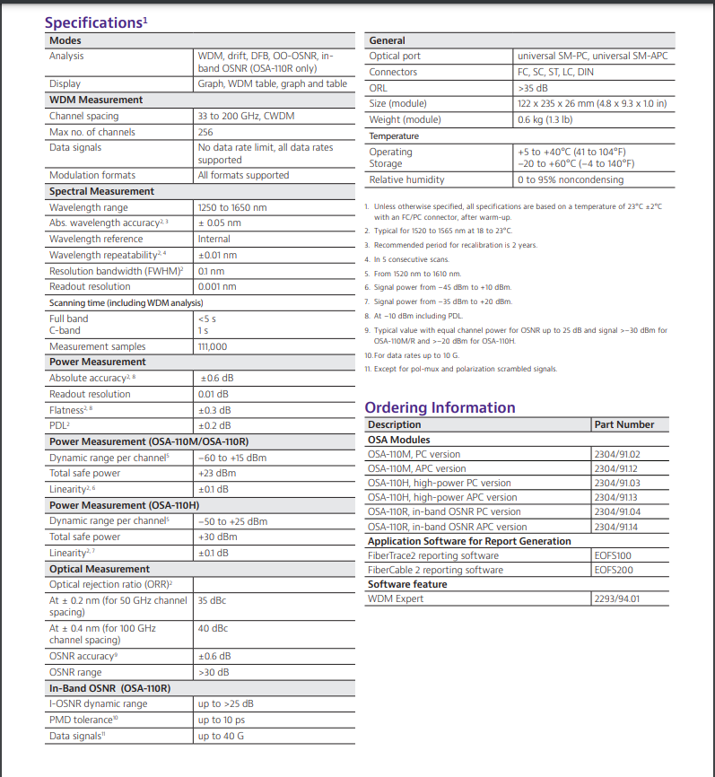Out of Spec. Viavi JDSU OSA-110M 1250-1650nm OSA Optical Spectrum Analyzer