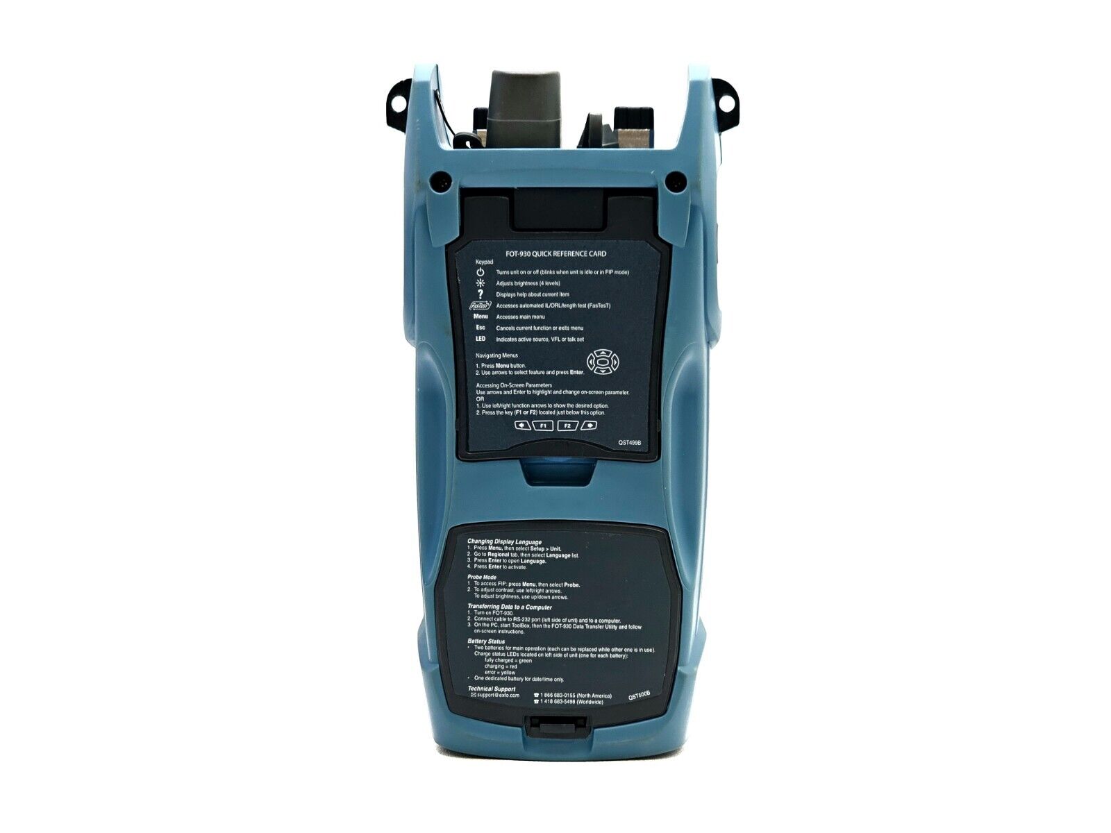 EXFO FOT-930 MaxTester II bottom view showing model label and serial number plate
