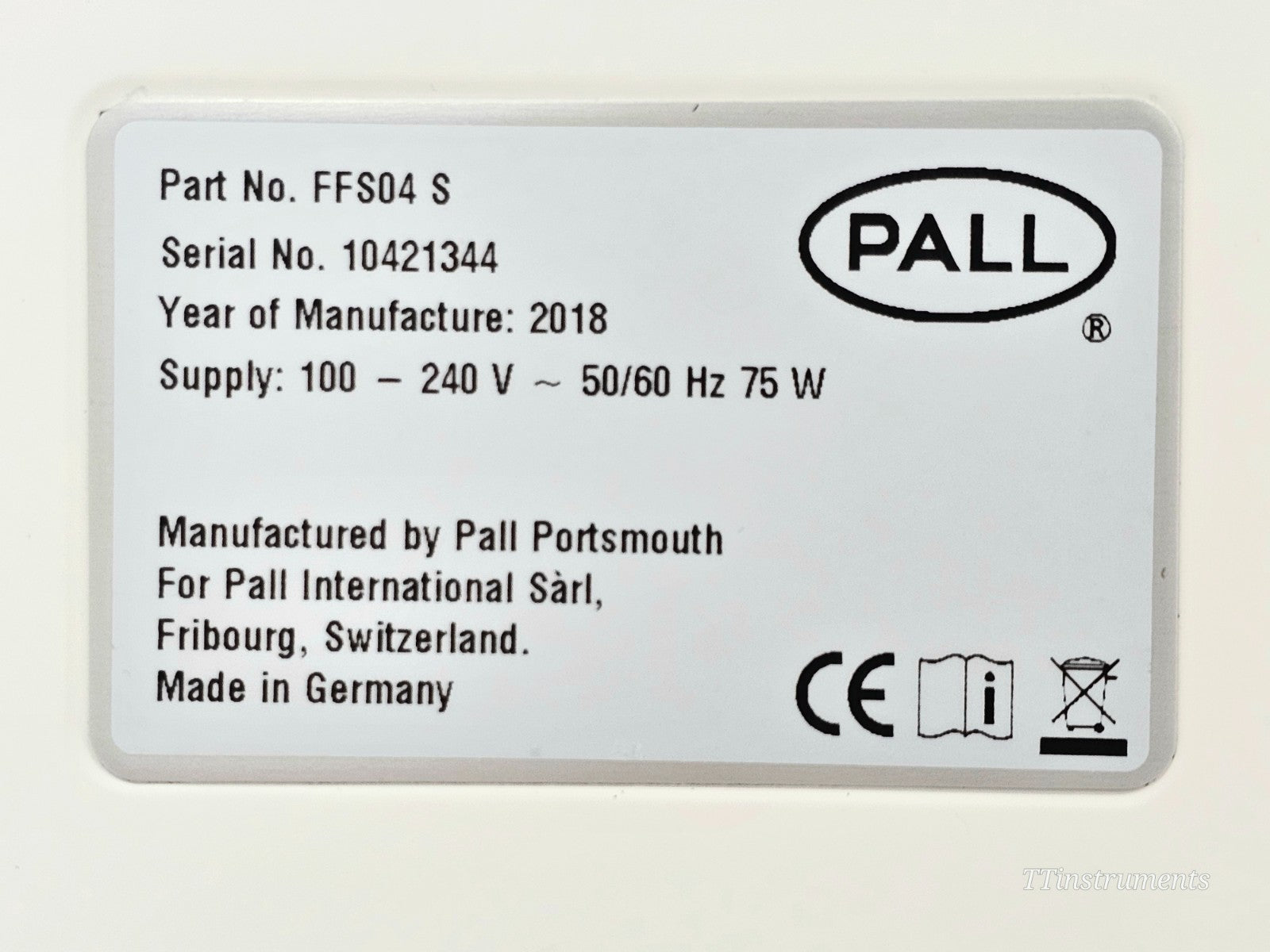 Pall Palltronic Flowstar IV FFS04 S instrument serial number and calibration label detail
