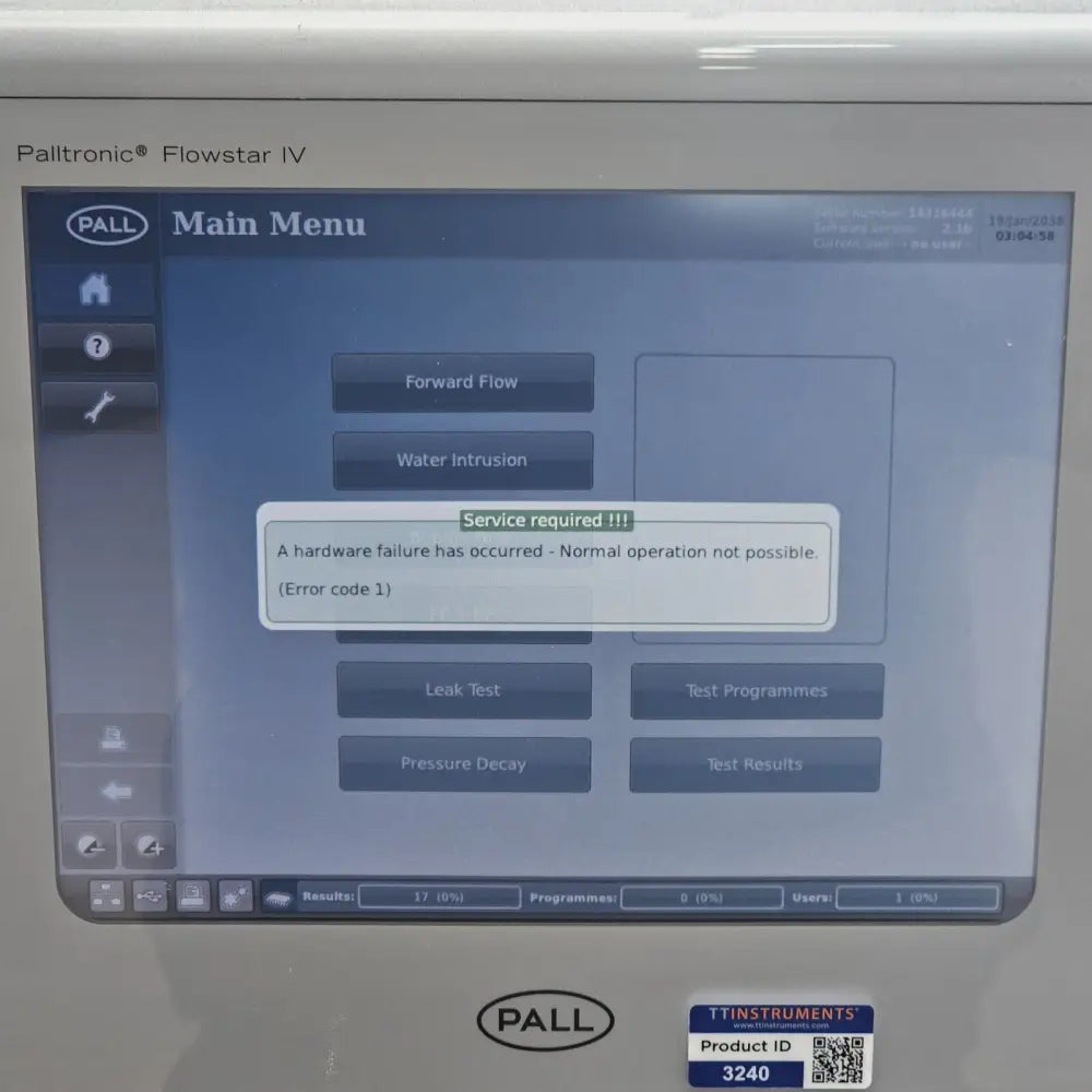 PALL Flowstar IV FFS04R rear panel showing Ethernet RJ45, USB, BUS and power connections
