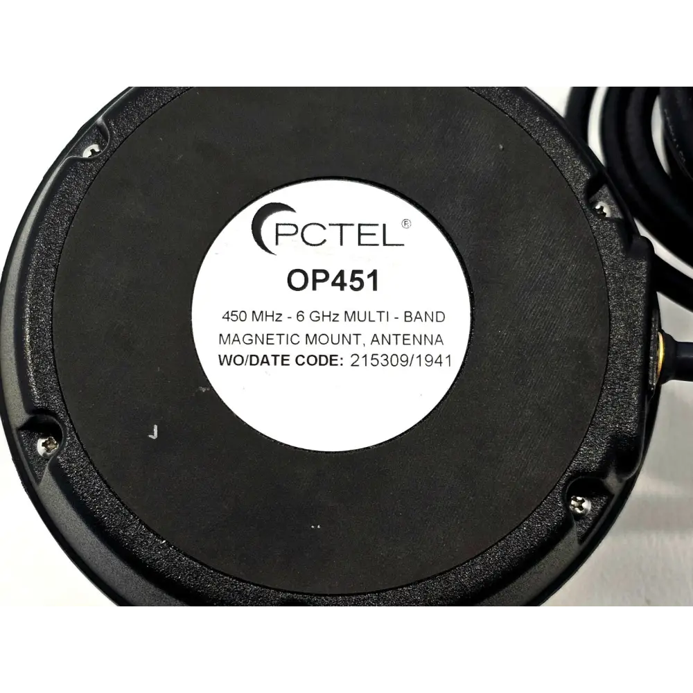 PCTEL OP451 multi-band mag mount antenna showing magnetic base and 12-foot cable