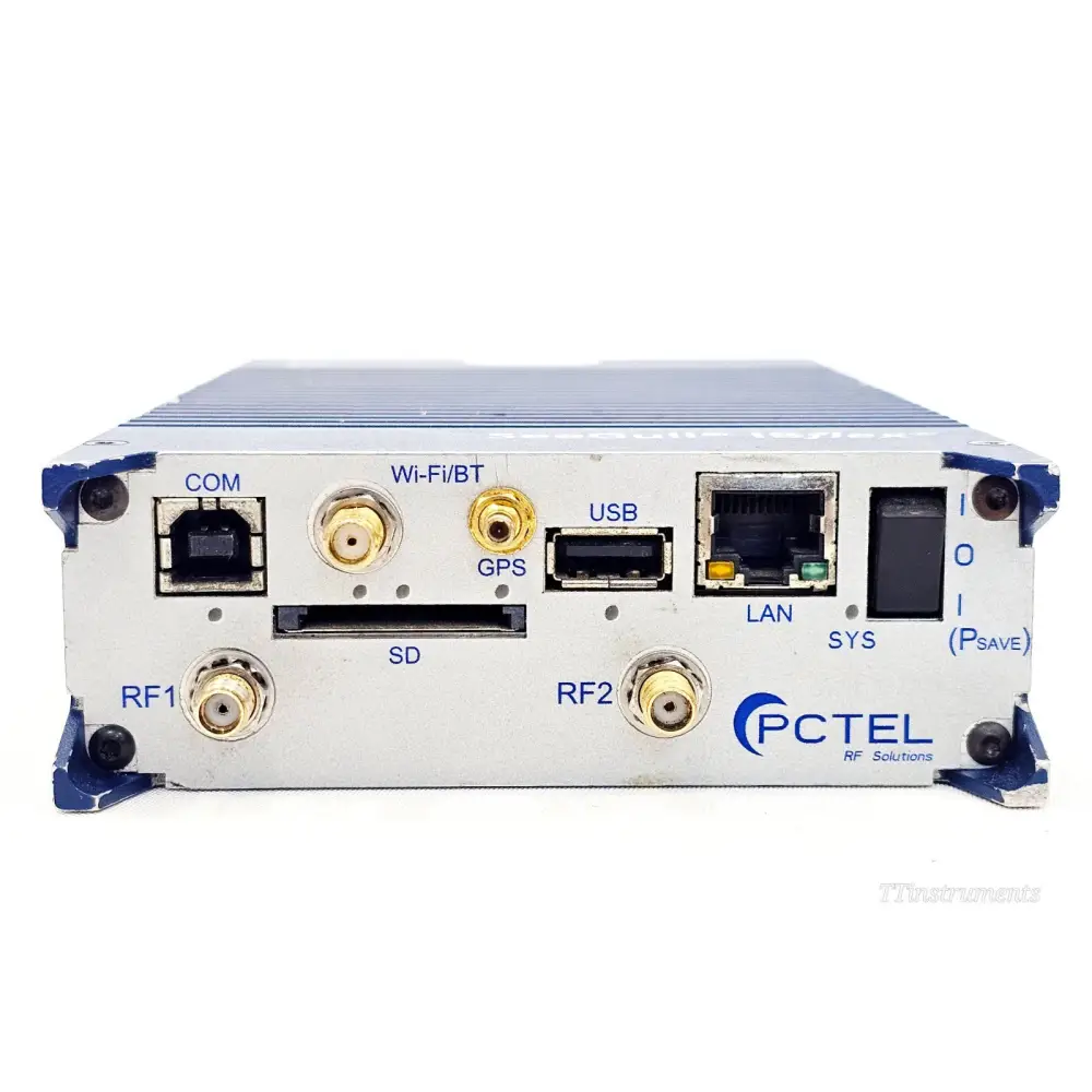 PCTEL SeeGull IBflex front panel close-up showing RF1, RF2, GPS, Wi-Fi/BT, USB, LAN, SD card slot, SYS, and power switch